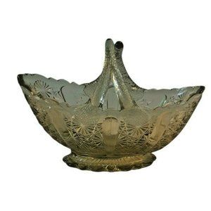 Fenton Green Glass Daisy and Button Oval Basket Split Twig Handle